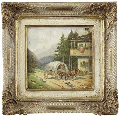A) "Heuernte" b) "Planwagen vor Bauernhaus in Alpenlandschaft