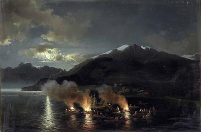 Sonnwendfeuer? auf einem Alpensee bei Mondschein