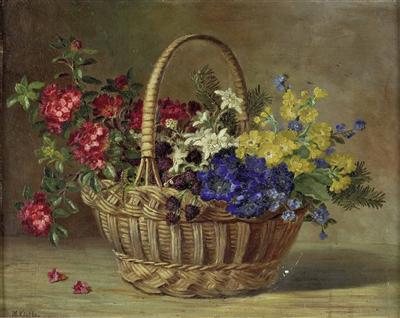 Stillleben mit Alpenblumen im Henkelkorb