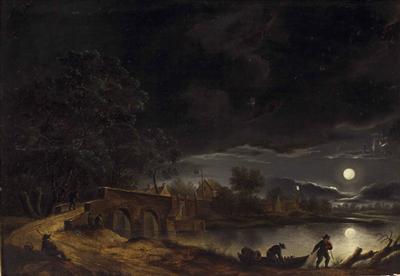"Vollmond über Dorf am Fluss mit Brücke und Personenstaffage"