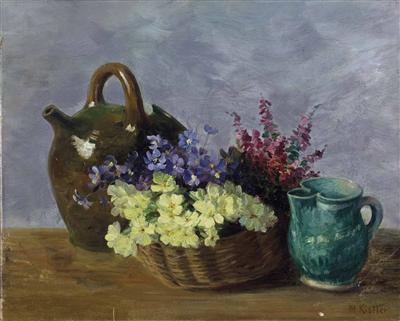 "Stillleben mit Alpenblumen in Korb und Mostkrug"