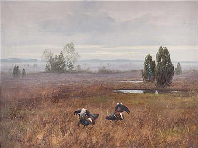 Kampf zweier Auerhähne im Moor by August Motsch - Auction record, sale price, and art valuation. Compare with similar artists and explore comparable artworks.