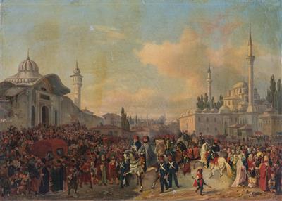 "Historischer Einzug hoher türkischer Würdenträger mit Gefolge und schaulustiger Menschenmenge in Istanbul"