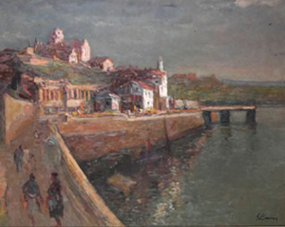 Sample artwork by Carmelo Garcia Barrena (1926 - 2000), known for abstract paintings of landscapes with buildings, town scenes with figures - View similar artists and auction records