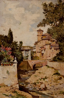 "Acera del Darro con la Iglesia de San Pedro y San Pablo, Granada"