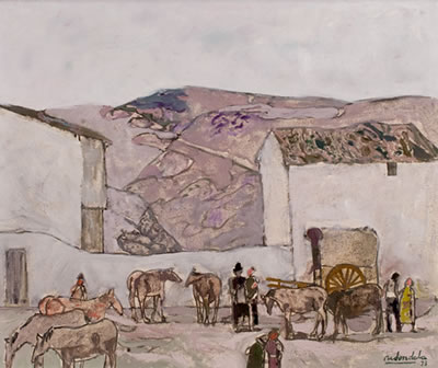 "Vista de pueblo con burros"