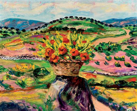Cesto de flores en el campo