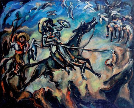 Sample artwork by Edouardo Pisano (1912 - 1986), known for colorful paintings with black outlines, landscapes, rural life scenes, flamenco dancers, torreros, nudes, and portraits of women. worked in painting, drawing, and monotypes. - View similar artists and auction records