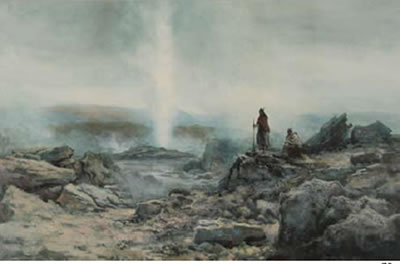 Geyser Erupting with Maori Figures Watching