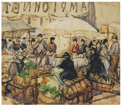European Market Scene Busy with Figures by Maude Burge - Auction record, sale price, and art valuation. Compare with similar artists and explore comparable artworks.
