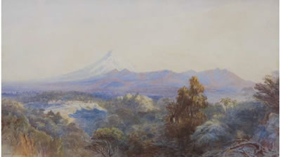 Mount Egmont with (possibly) Omata Stockade in the distance by John Gully - Auction record, sale price, and art valuation. Compare with similar artists and explore comparable artworks.