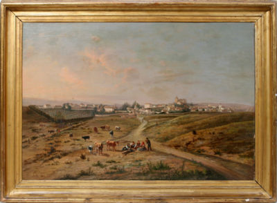 Landscape with figures, cattle with Seville in the background