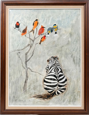Zebra Gazing at Birds in Tree
