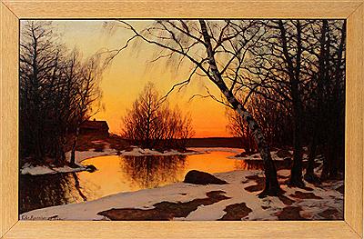 Winter Landscape Scene with Trees, River and House