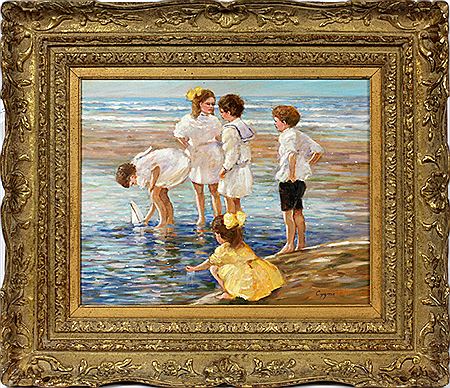 Children playing on an ocean beach by E J Cygne - Auction record, sale price, and art valuation. Compare with similar artists and explore comparable artworks.