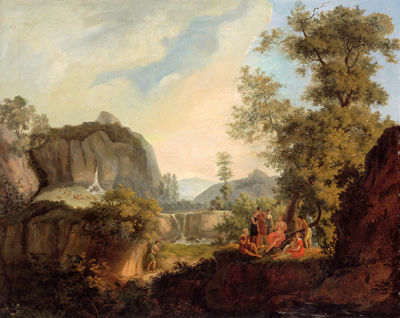 Apollo amidst shepherds in a southern mountainous landscape with a waterfall