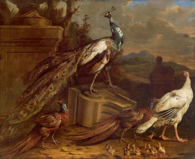Two peacocks and two pheasants with chickens amidst ruins by Angelo Maria Crivelli - Auction record, sale price, and art valuation. Compare with similar artists and explore comparable artworks.