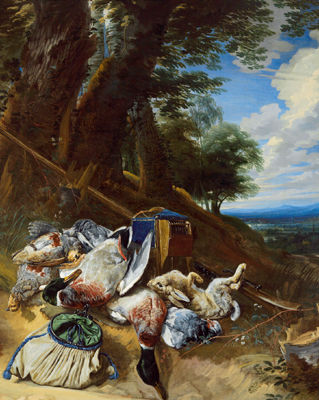 Hunting still life in a wooded landscape