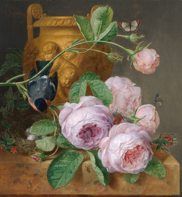 Still life with roses, a bullfinch with a bird's nest, an ornamental vase, two butterflies, and a fly