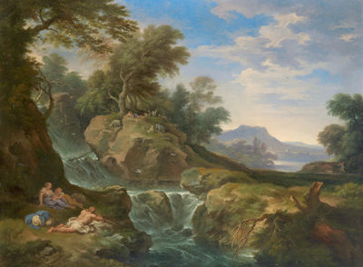 Paese con pastori in riva a un lago, paesaggio roccioso con cascata, figure e capre (Pair)