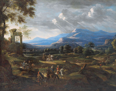 Vast Southern Landscape with an Antique Ruin and Turkish Horsemen