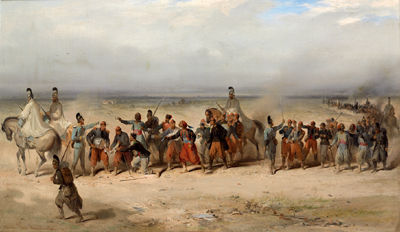 Scene from the Franco-Prussian War 1870/71 Bavarian Cuirassiers Leading away a Long Column of French Prisoners, including French Turks and Zouaves