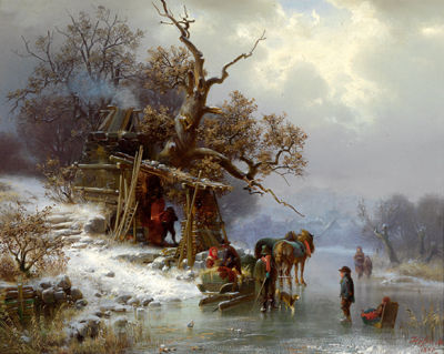 Horse-drawn Sleigh and Walkers on the Ice