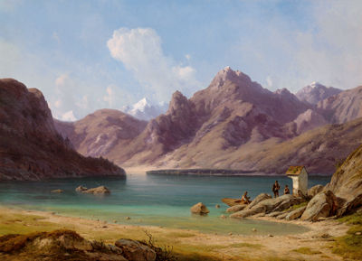 Mountain Lake with Small Shrine at the Banks