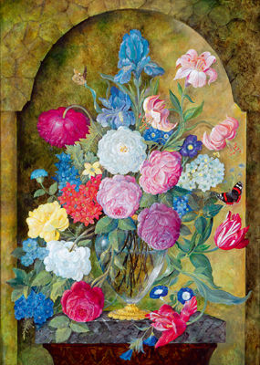 Still life of Flowers with Butterfly in a Niche