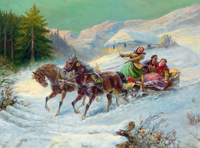 Sample artwork by Gustav Prucha (1875 - 1952), known for chariot race, sleighride scene paintings, horses, buggies, figures, city streets - View similar artists and auction records