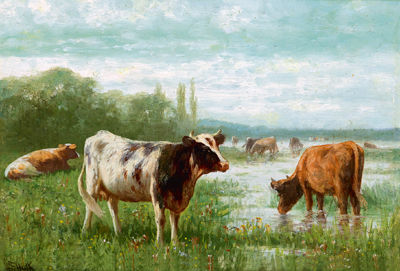 Sample artwork by William Frederick Hulk (1852 - 1906), known for rural landscape-animal painting - View similar artists and auction records