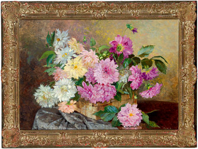 Dahlias in a Basket on a Round Table
