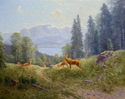 Red Deer in a Clearing with View of the Walchensee