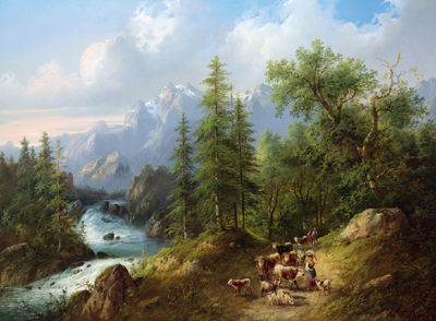 Sample artwork by Eduard Boehm (1830 - 1890), known for alpine landscape, romantic scene painting, lighting effects - View similar artists and auction records