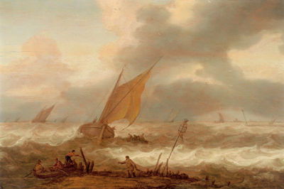 Ships on a Choppy Sea, in the Foreground a Boat with Fishermen