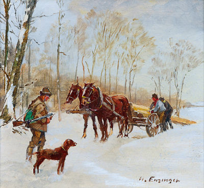 A wood cart and hunters and Horse carriages and a farmhouse by Hans Enzinger - Auction record, sale price, and art valuation. Compare with similar artists and explore comparable artworks.