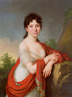 Portrait of a young lady in a sand coloured silk dress and an embroidred red stole, leaning on a rock in a landscape