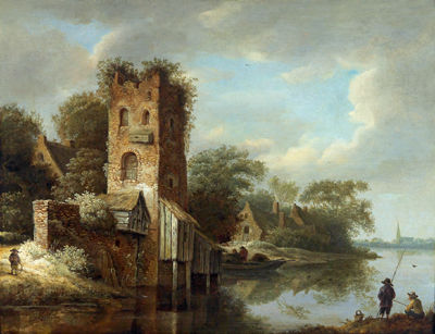 Dutch river landscape with a ruined tower and anglers