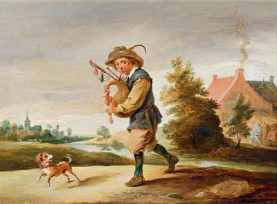 A bagpipe player and his dog in a landscape