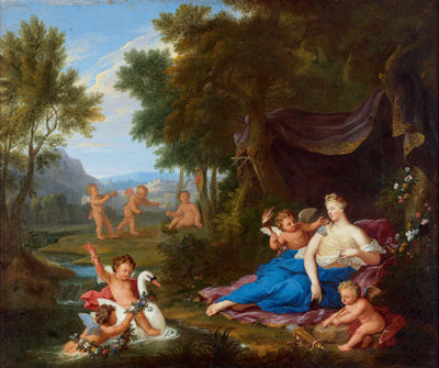 Venus and Cupid, the latter sharpening his arrows on a stone, with a group of putti and a swan, as well as with another group of putti shooting arrows at a heart attached to a tree, in a wooded landscape