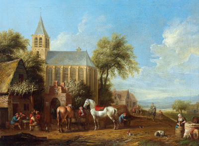 Travellers resting by a tavern in a village