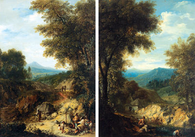 Fishermen near a river at the edge of a forest; A party camping outdoors