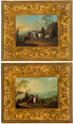 Travellers resting by an inn; Travellers resting at a camp