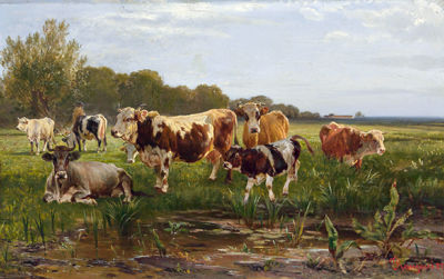 Cows on a sunny meadow by Gustav Ranzoni - Auction record, sale price, and art valuation. Compare with similar artists and explore comparable artworks.