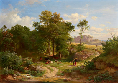 Meadow scene with herdsmen resting