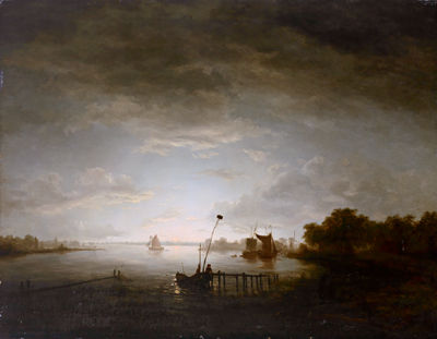 Mondbeschienene Flußlandschaft mit Fischer