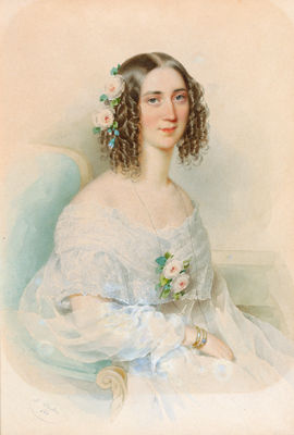 Dame in weißem Kleid und Rosen im Haar