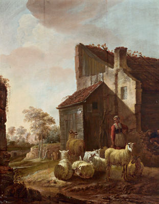 A woman holding a jug in her hand, with sheep in front of a farmhouse