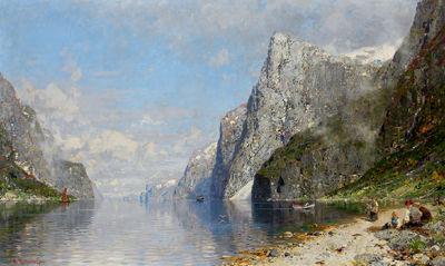 Summer Fjord Landscape with Children on the Bank by Georg Anton Rasmussen - Auction record, sale price, and art valuation. Compare with similar artists and explore comparable artworks.