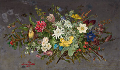 Large bunch of Alpine Flowers with Anemonea, Blue Bells, Arnica, Primroses and Lady's Slippers by Anna Stainer-Knittel - Auction record, sale price, and art valuation. Compare with similar artists and explore comparable artworks.